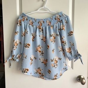 Off the Shoulder Blouse | Baby Blue Blouse | Shirt Tail Hem | Floral Blouse